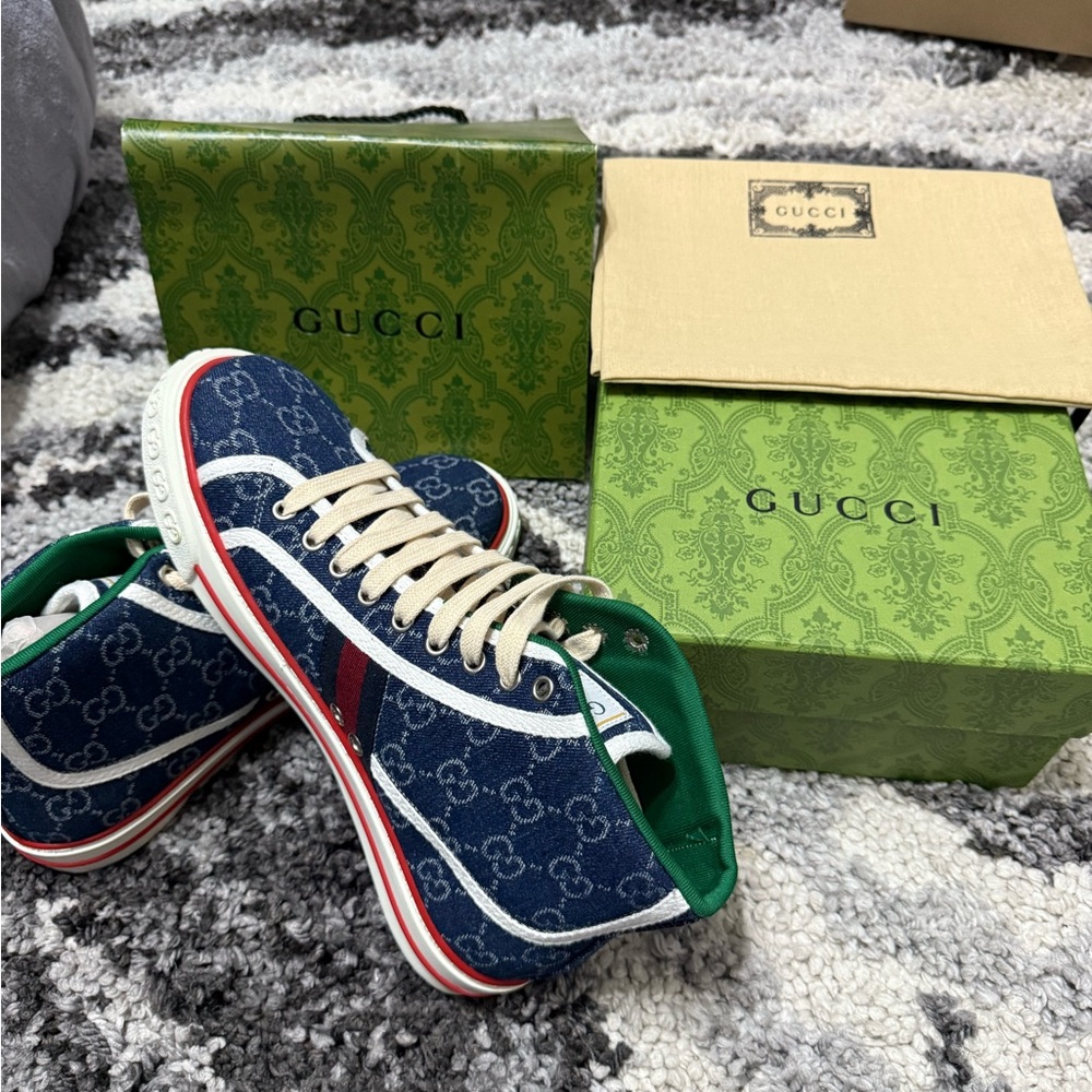 Gucci Navy Sneakers with Red and White Stripes